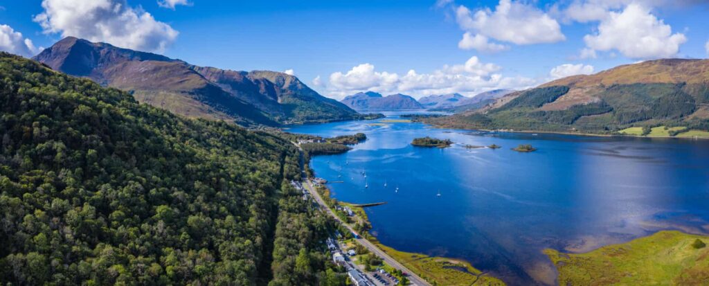 areial view of scottish countryside and sea
