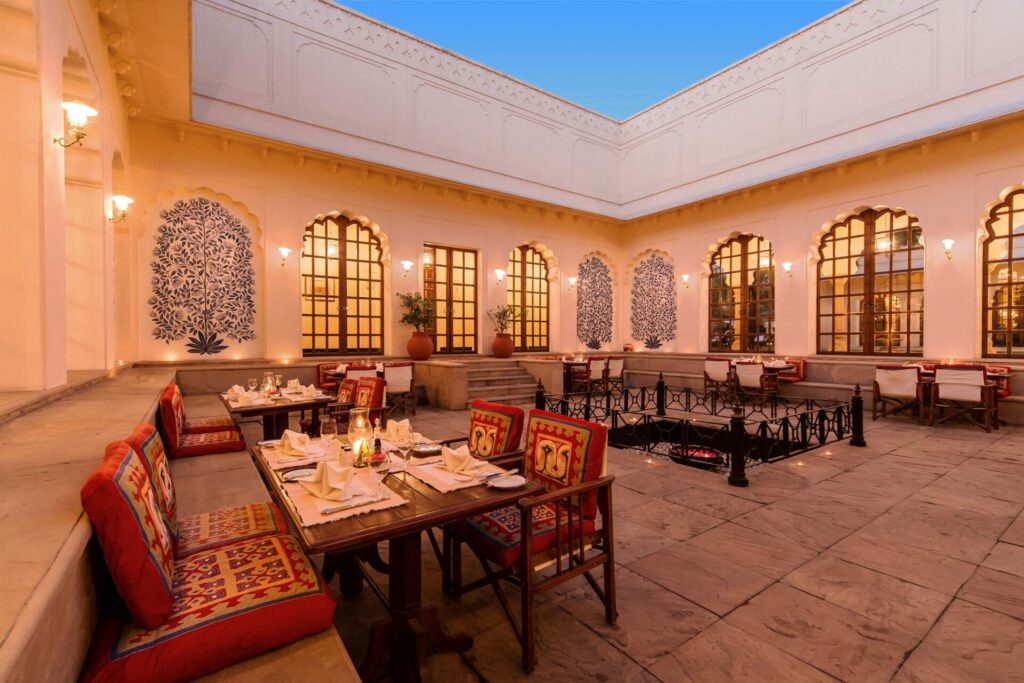 Open air restaurant at Oberoi Vanyavilas where guests can dine under the starts