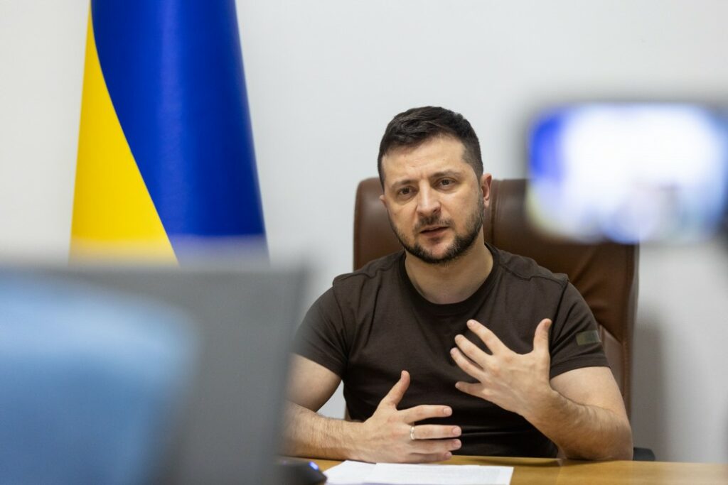 Volodymyr Zelensky making a remote address 