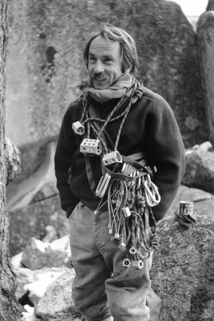 Yvon Chouinard, the founder of Patagonia models a full rack of hand-made climbing gear at Tahquitz Rock