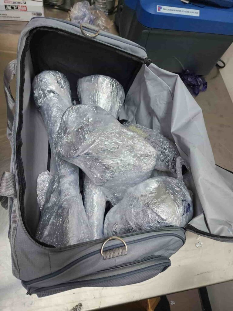bag belonging to one of the suspects full of rhino horn wrapped in cling film