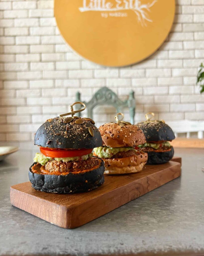 Little Earth burgers trio in black and brown buns