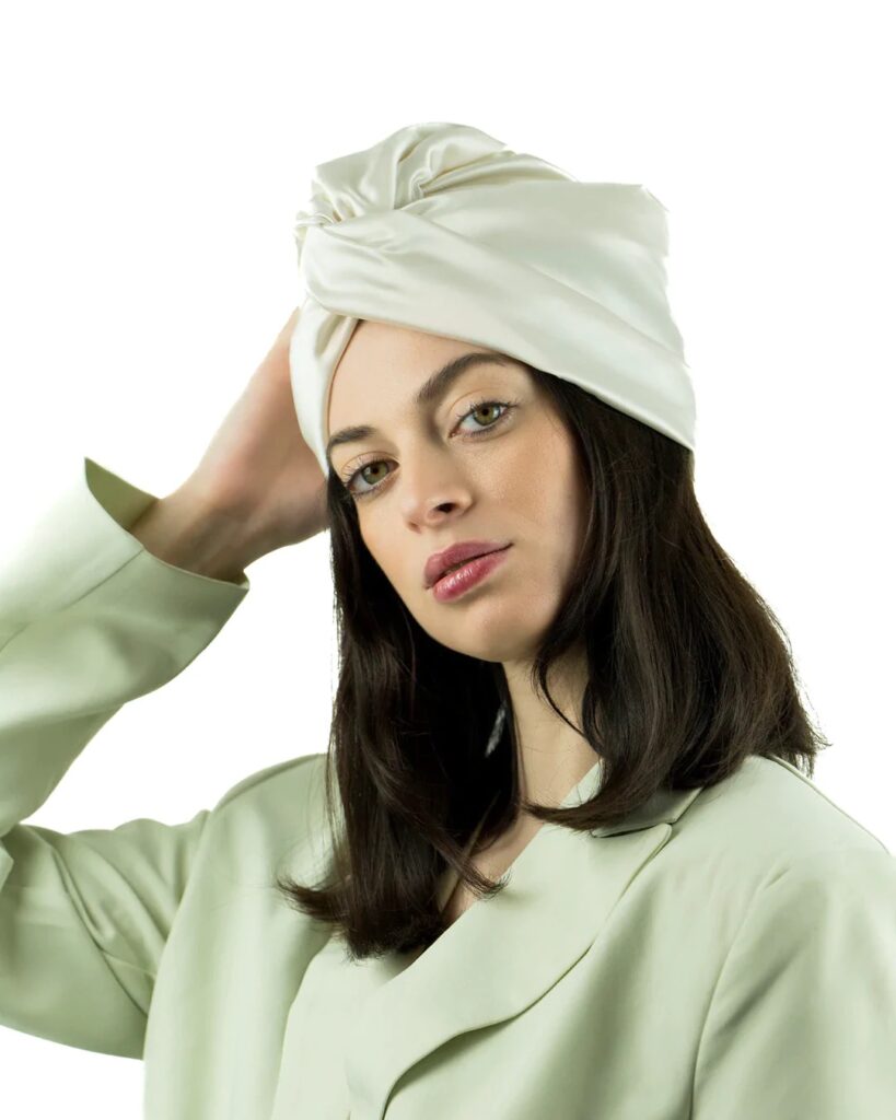 turban on lady with brown hair 