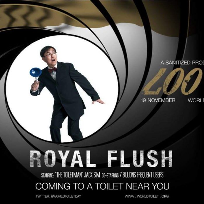 Mr Toilet Jack Sim posing as James Bond on a poster talking about toilets