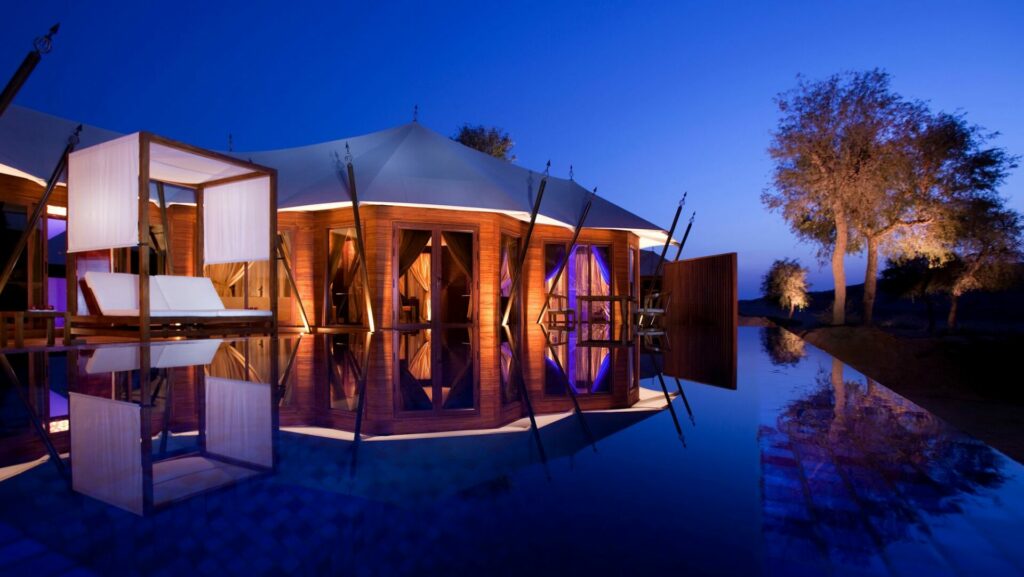 night view of pool and villa