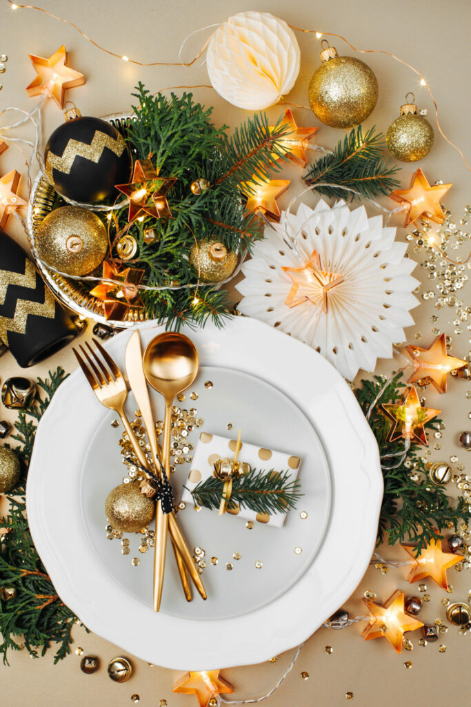 festive plate with brass and gold decorations