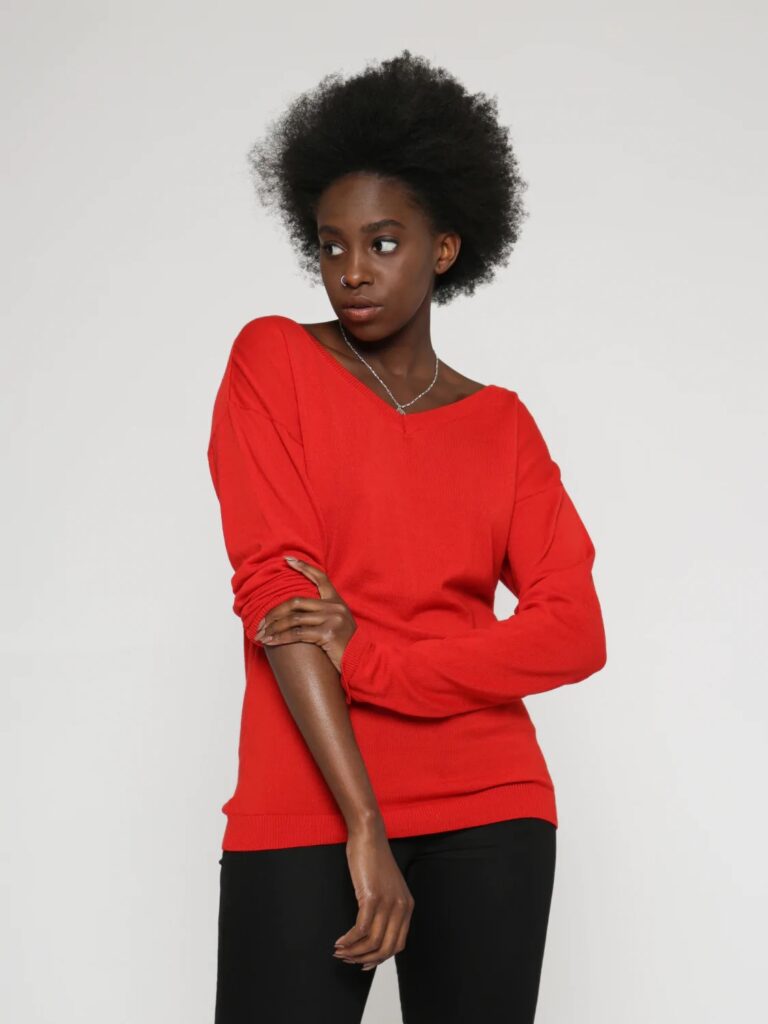 black woman in red sweater