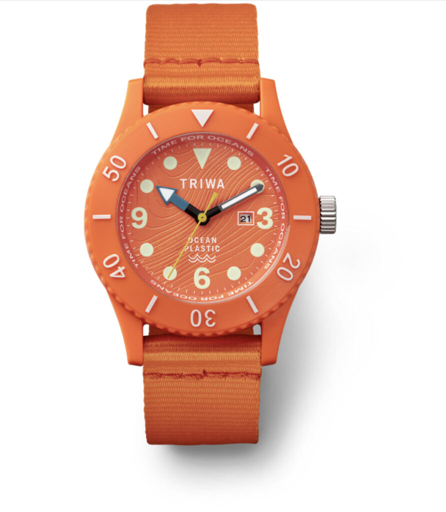 orange plastic watch with orange fabric strap