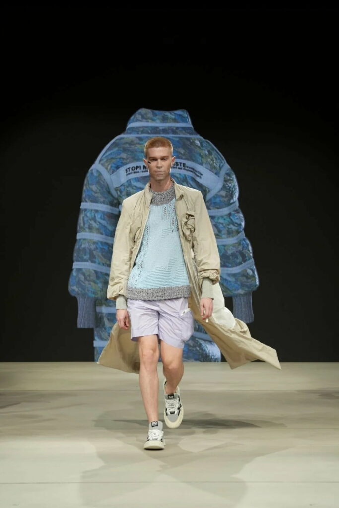 Confalonieri’s collection uses upcycled textiles and synthetic fabrics