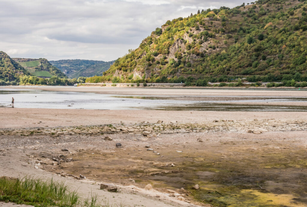 Rhine with low water in the Upper Middle Rhine Valley in the hot and dry summer of 2018