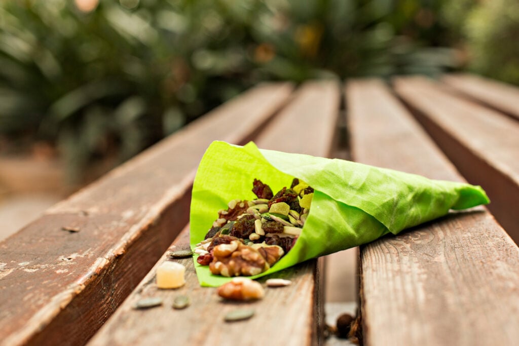 seeds in a pouch on a bench 