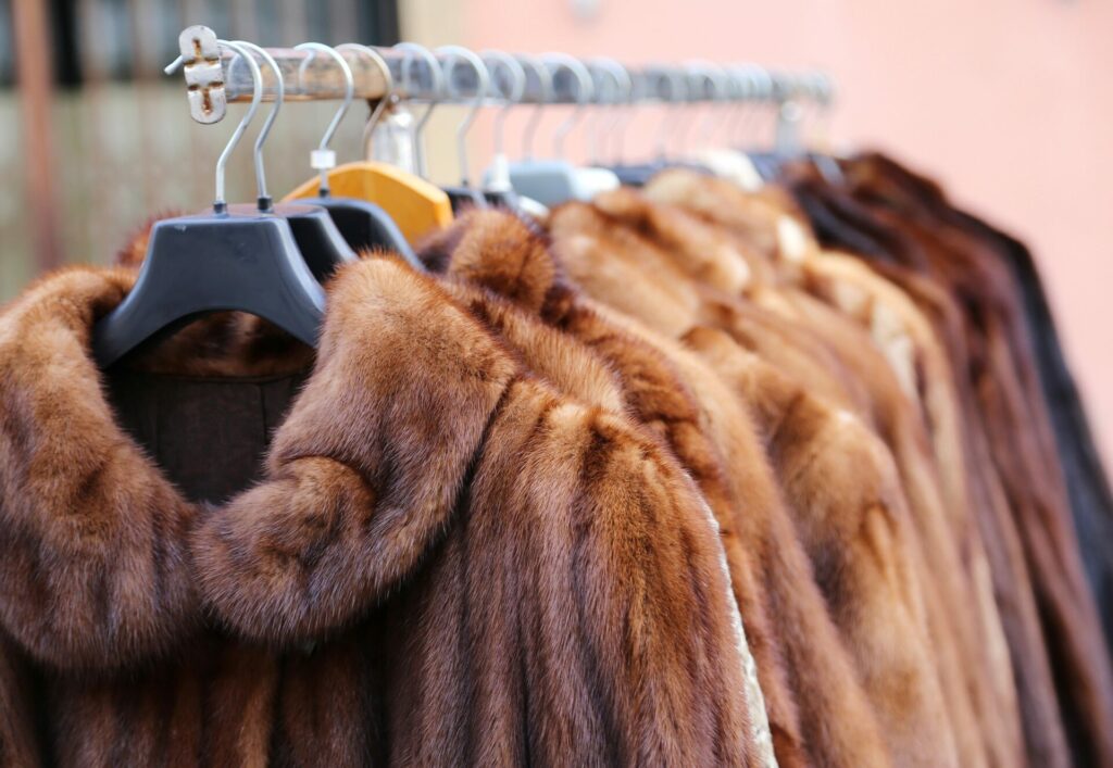 fur coats on a shop rail 