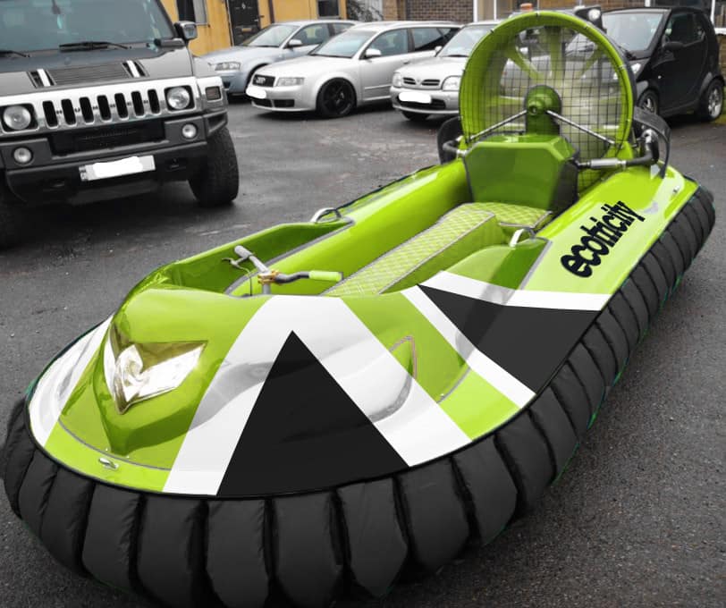 the hovercraft in bright lime green that its hoped may help UK seagrass meadows recover