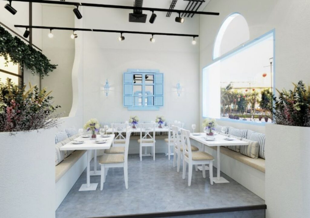 white and blue greek restaurant interior 