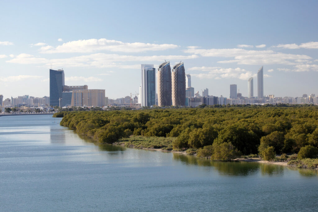 Skyline of Abu Dhabi Al Reem Island with mangrove forest in foreground