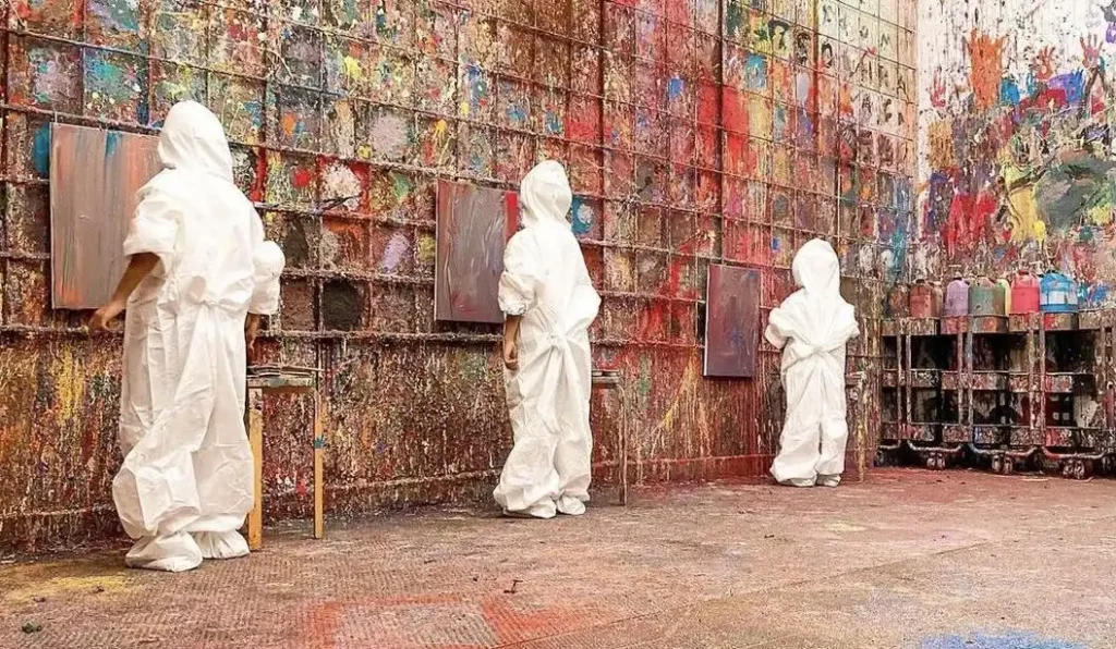 children in waterproof clothing in a room filled with paint