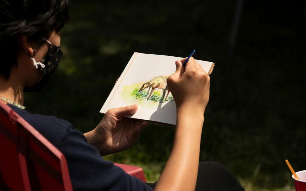 student drawing a sheep in notebook 