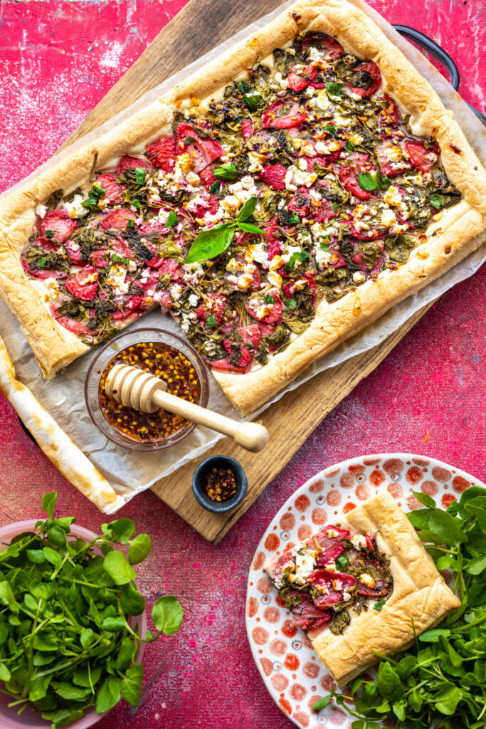 strawberry, watercress, feta and basil tart 