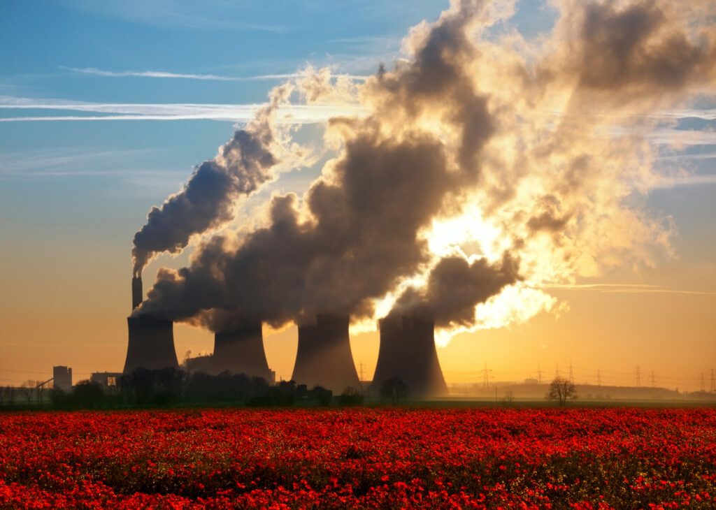 Factories emitting smoke next to field of red flowers at sunset 