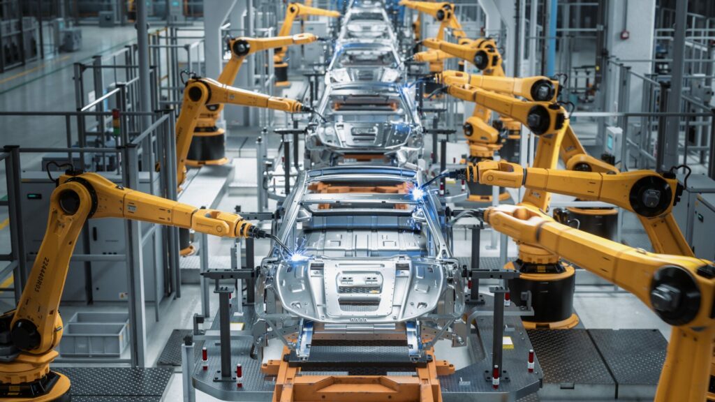 Automated Robot Arm Assembly Line Manufacturing High-Tech Green Energy Electric Vehicles. 