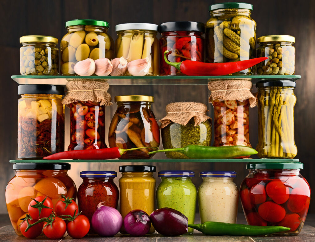 jars and vegetables all neatly in row after kitchen declutter 