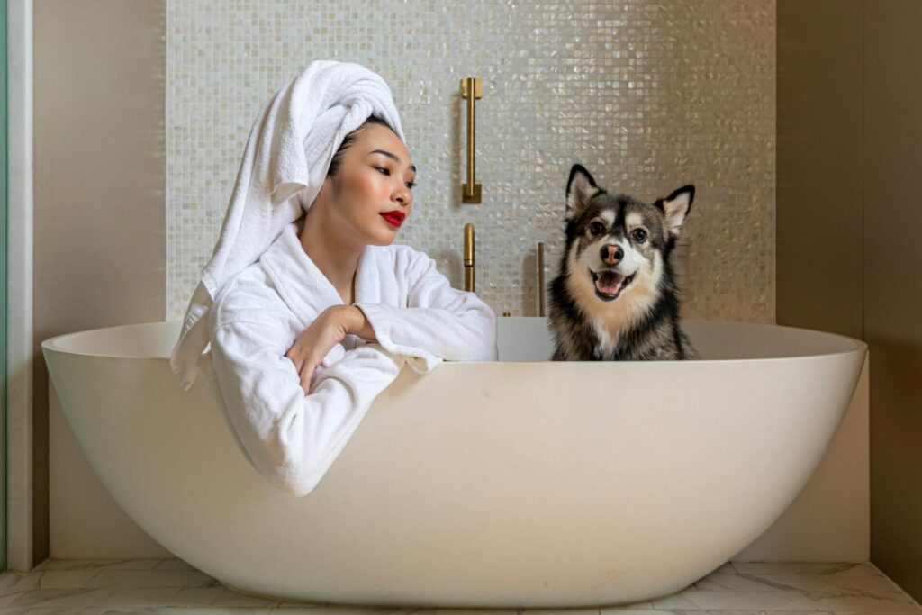 dog and owner in bath in pet friendly hotel 