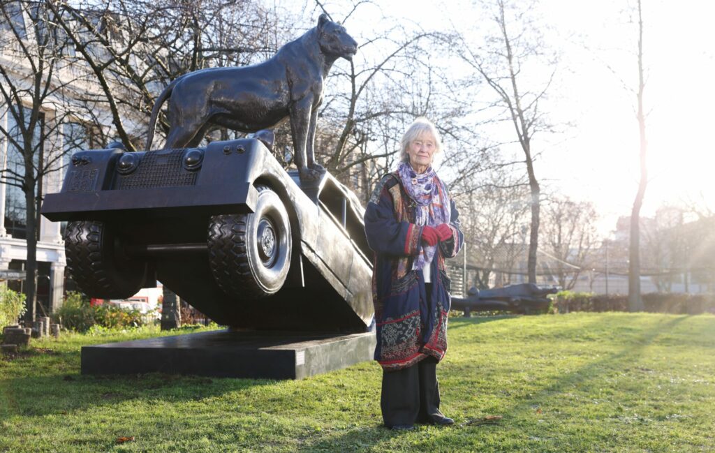 Dame Virginia McKenna with one of the 25 life size lions in London’s Millennium Green to mark Born Free’s Year of the Lion.