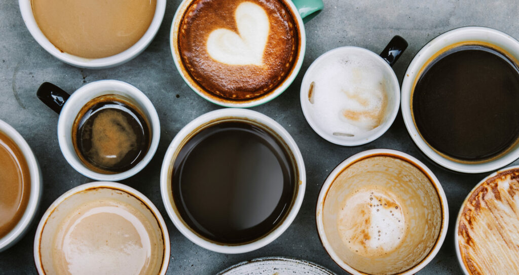 array of coffee flavours in cups 