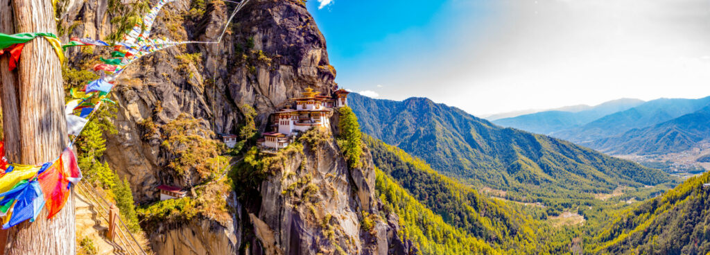 tigers nest monastery with surrounding mountainous forests 