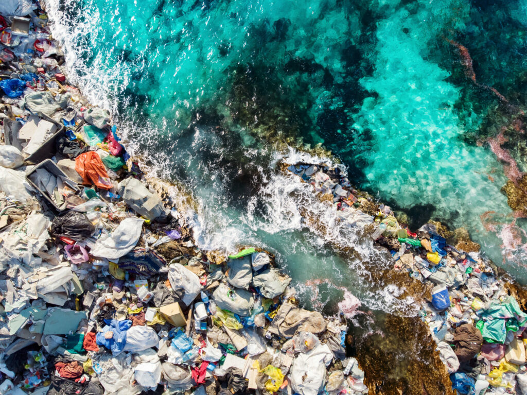 world ocean day concept with crystal clear sea water and plastic garbage 