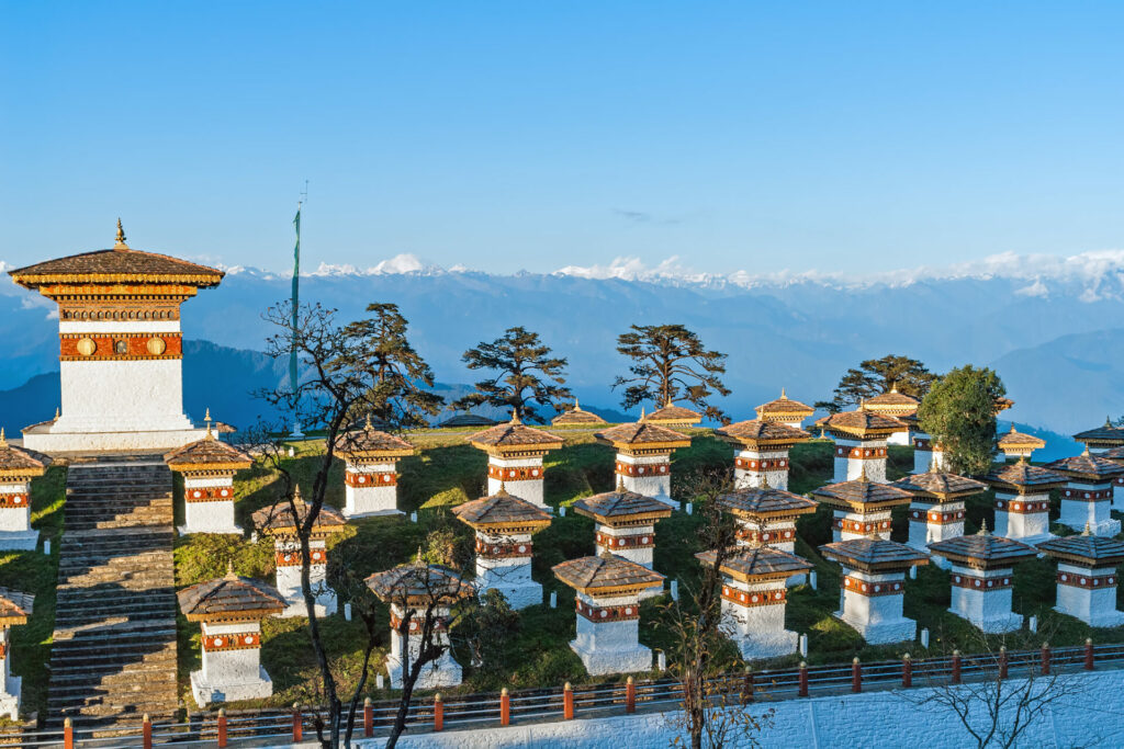 108 stuppas with the Himalayan range in the background