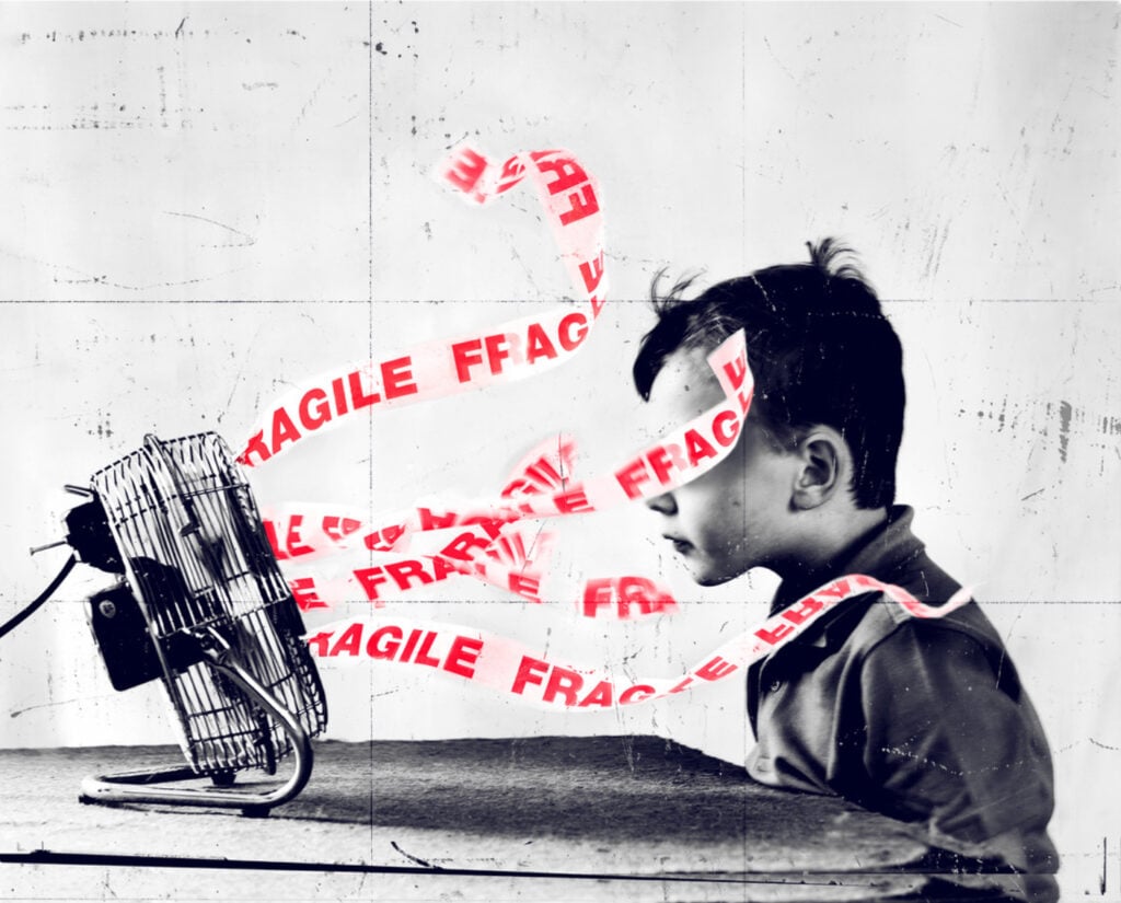 art for plastic free july campaign called fragile with plastic packaging tape blowing in boy's face from fan