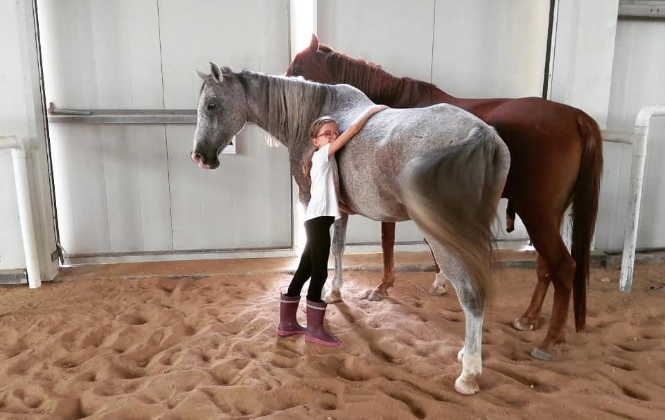 girl hugging a pony at a volunteer equine sanctuary