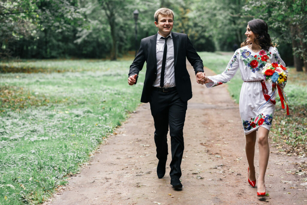 wear something old, borrowed or rented for an eco wedding - couple in their own clothes 