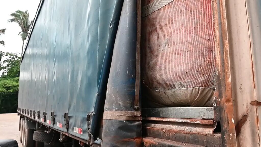 A truck loaded with bovine hides parked at a collagen factory. Image Credit: Cicero Pedrosa, Brazil