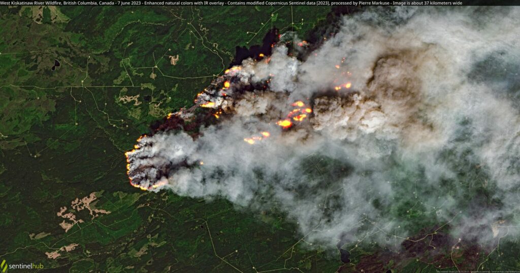 wildfire raging through British Columbia - aerial view 
