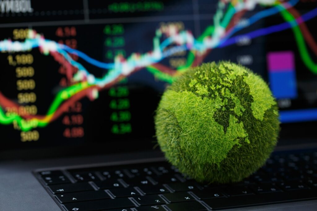 stock market index on screen with earth in front 