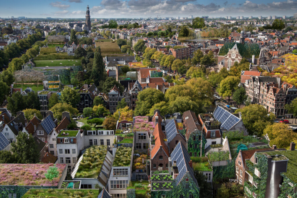 aerial view of Amsterdam with green roofs and solar panels as one of the most climate adaptive cities 