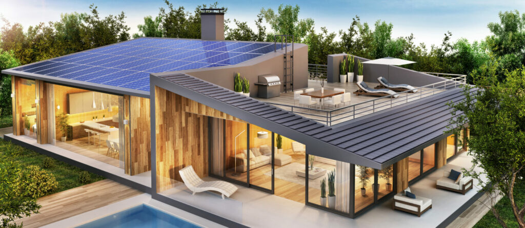 house with many factors to make it climate proof such as solar panels and indigenous plants 