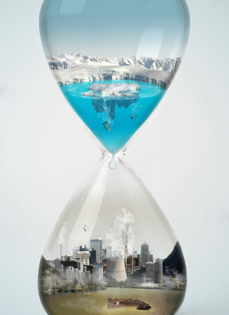 global warming in an hour glass - cop28 delegates must take bold strides to stop the eventuality depicted in this image  