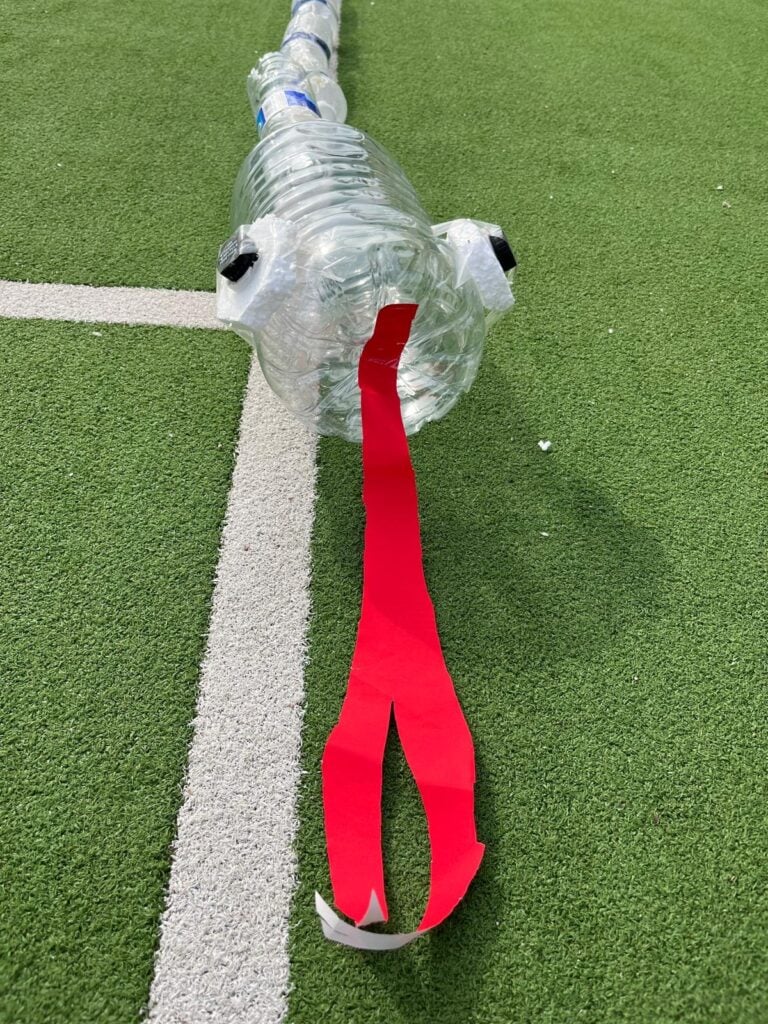 a plastic bottle with a red tape on the side of it assembled into a giant snake