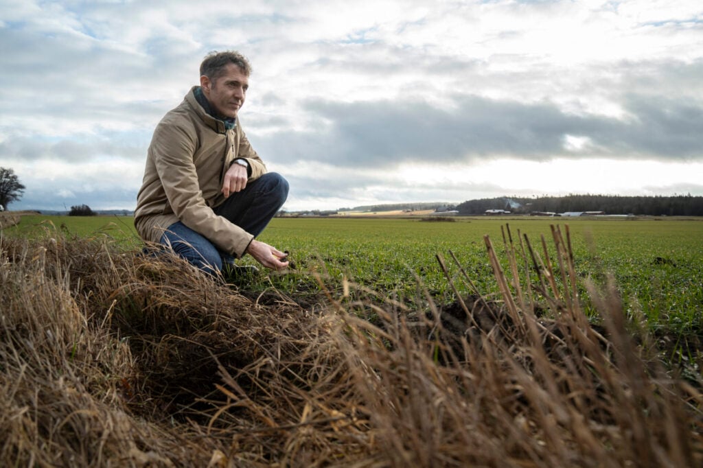 Food Planet Prize nominee crouched in field