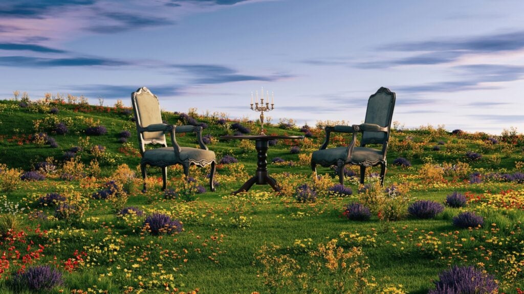 two chairs in natural setting with flowers