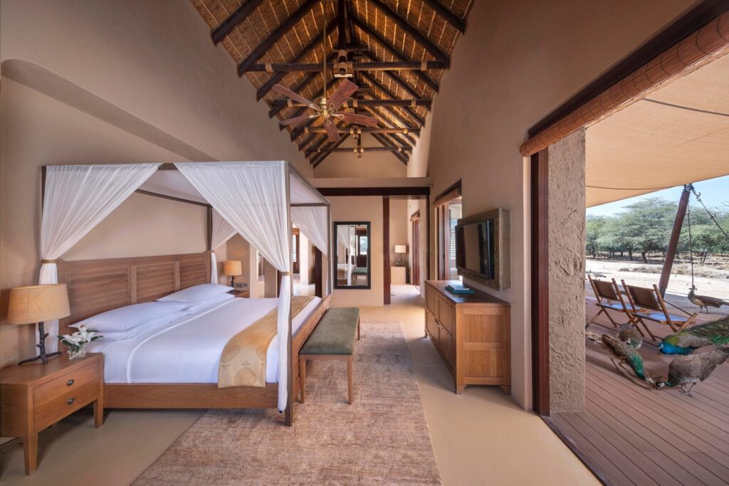 Sir Bani Yas Island Al Sahel bedroom with peacocks outside