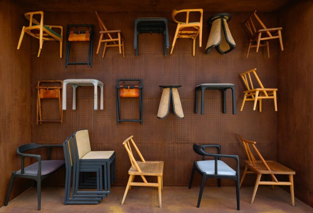chairs hanging on a wall