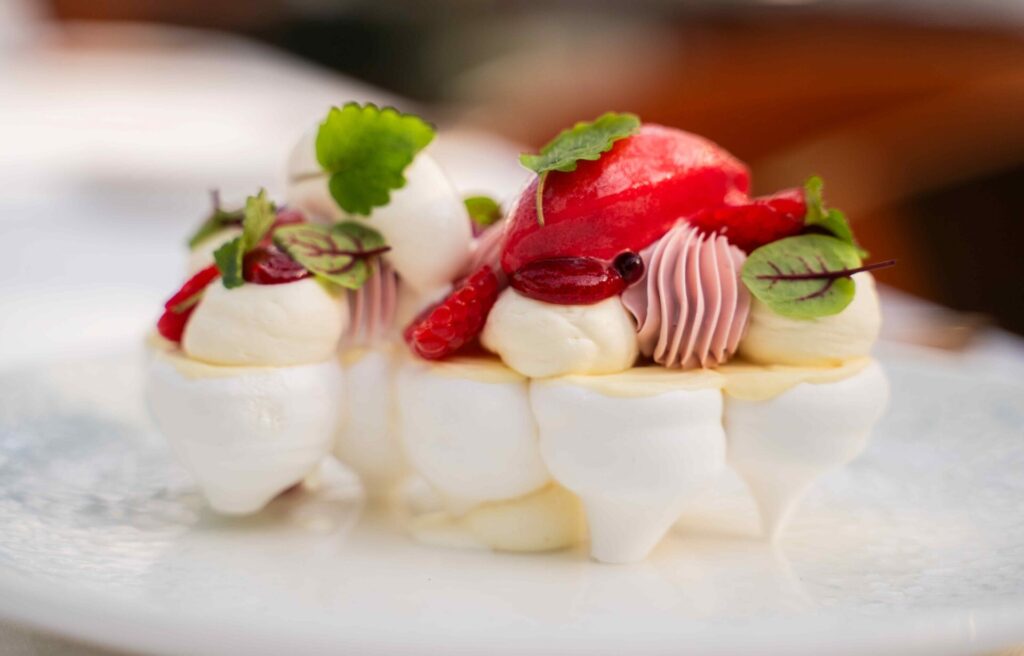 desert with fruit and leaves at folly brasserie
