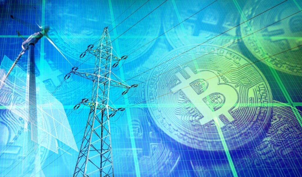 a close-up of a power line with bitcoins in the background