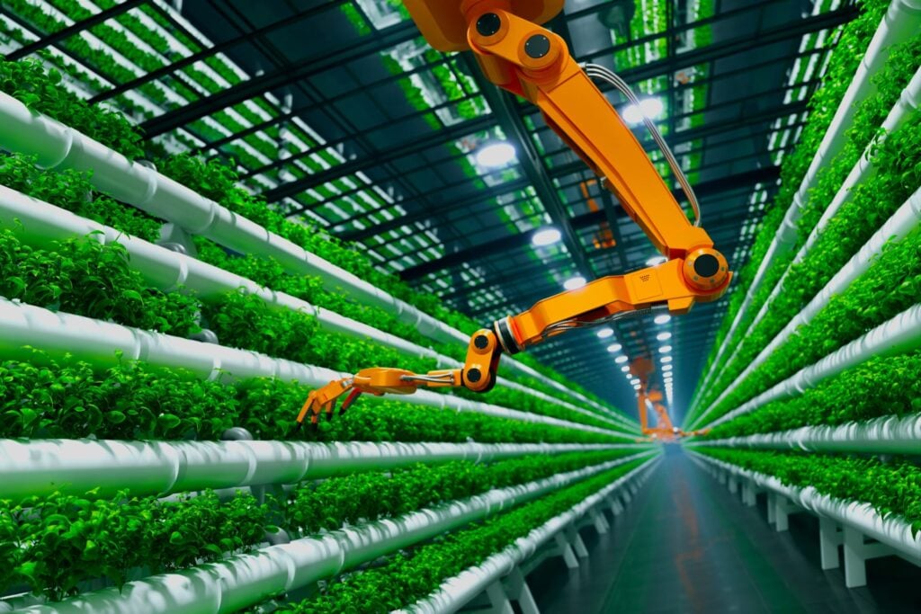 inside a verticla farm with robotic hand as one of the subjects to be discussed at the Global Vertical Farming Show 2025