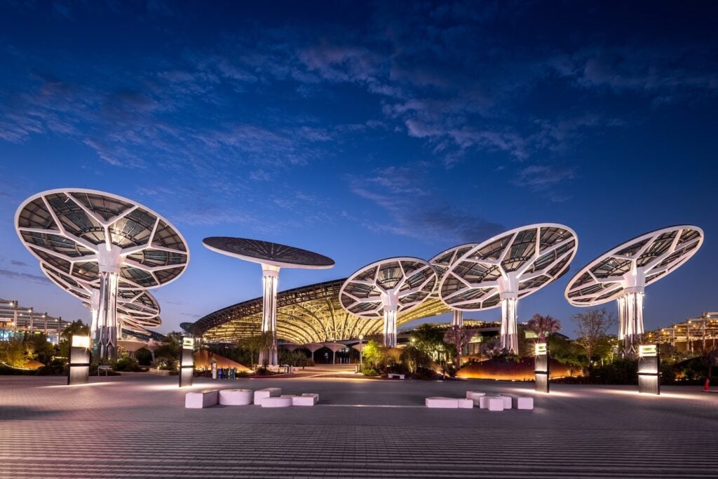 Terra at Expo City at night with solar powered 'trees' 