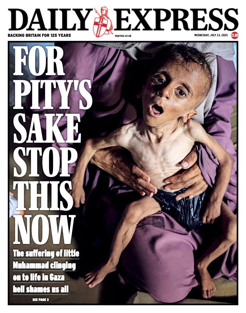 newspaper front cover showing child dying of starvation